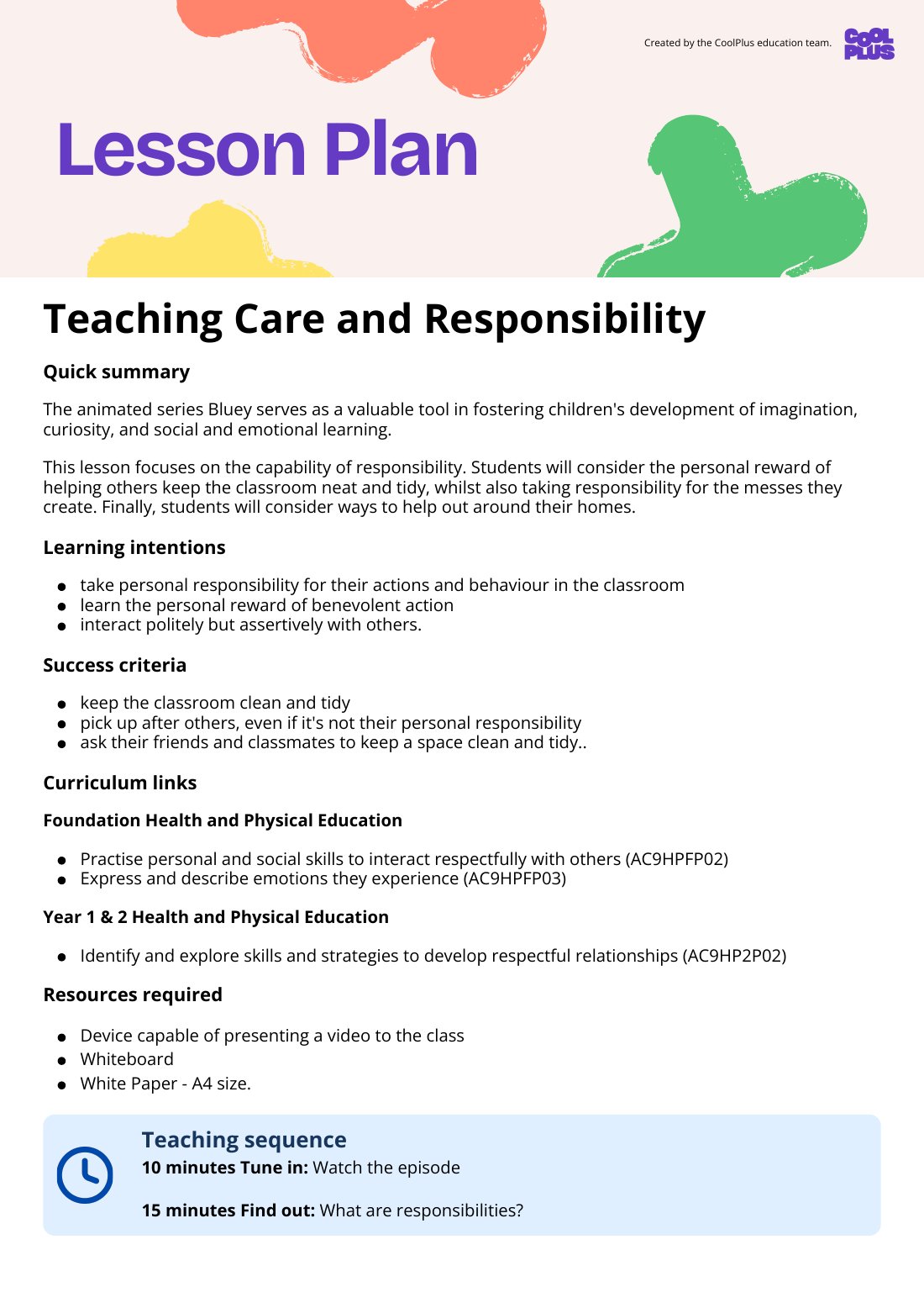 First page of Teaching Care and Responsibility Lesson Plan