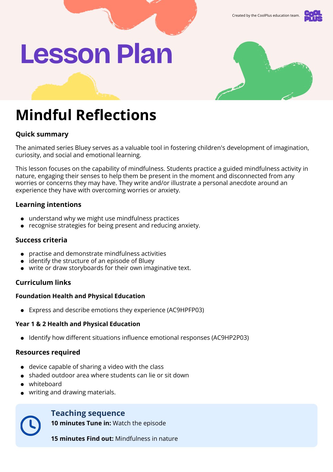First page of Mindful Reflections Lesson Plan