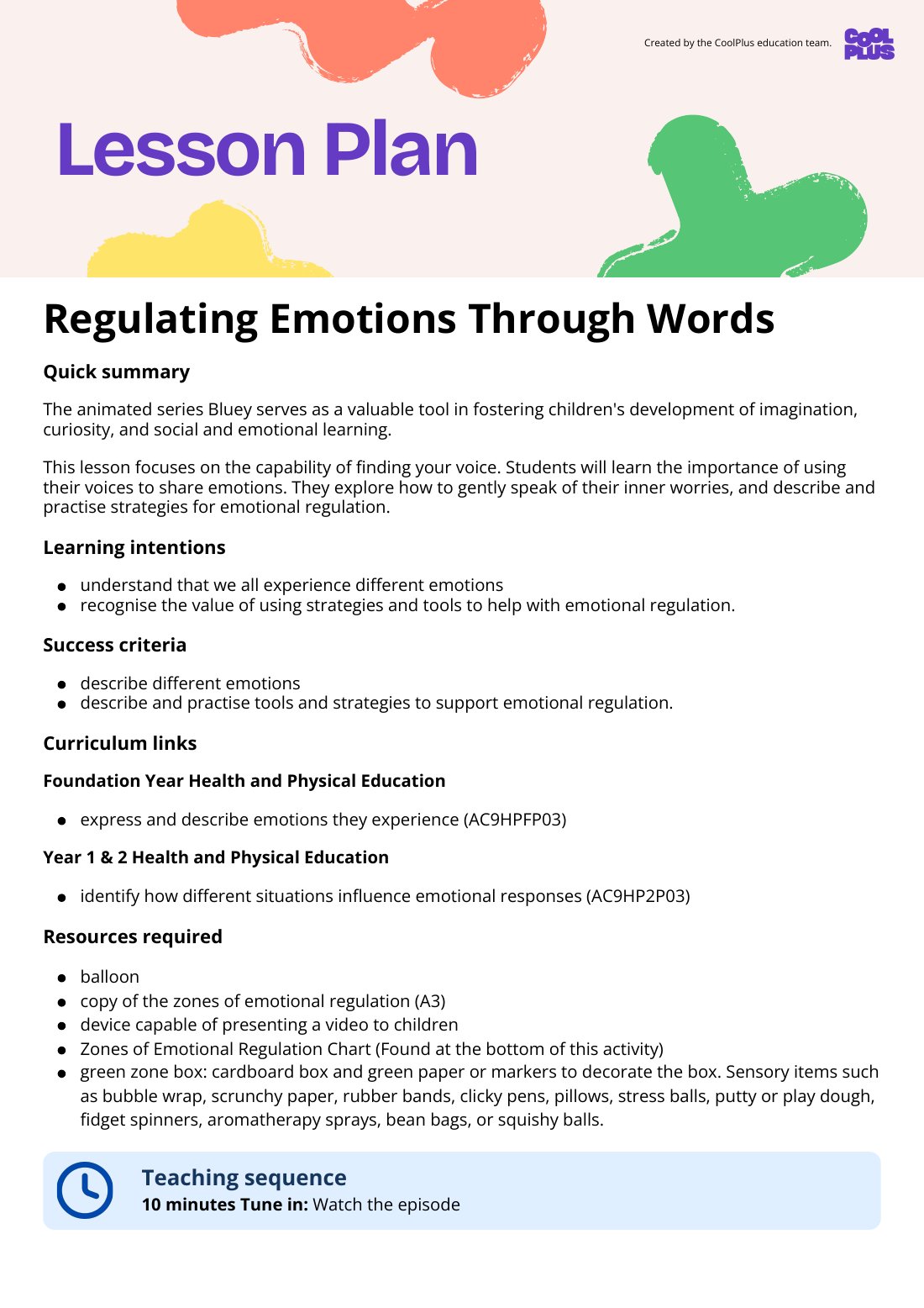 First page of Regulating Emotions Through Words Lesson Plan