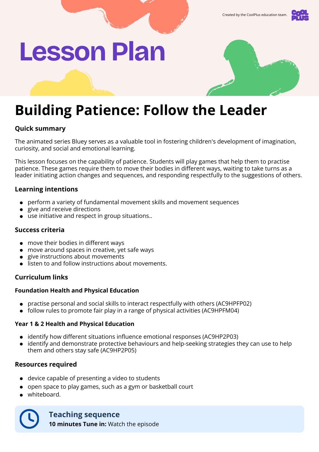First page of Building Patience: Follow the Leader Lesson Plan