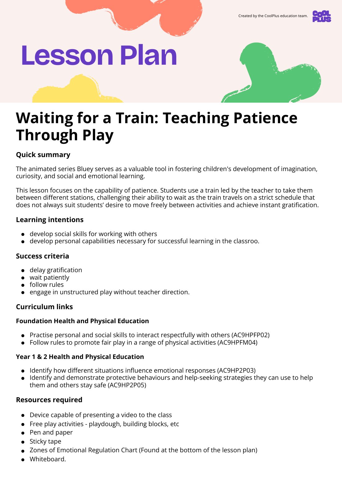 First page of Waiting for a Train: Teaching Patience Through Play Lesson Plan