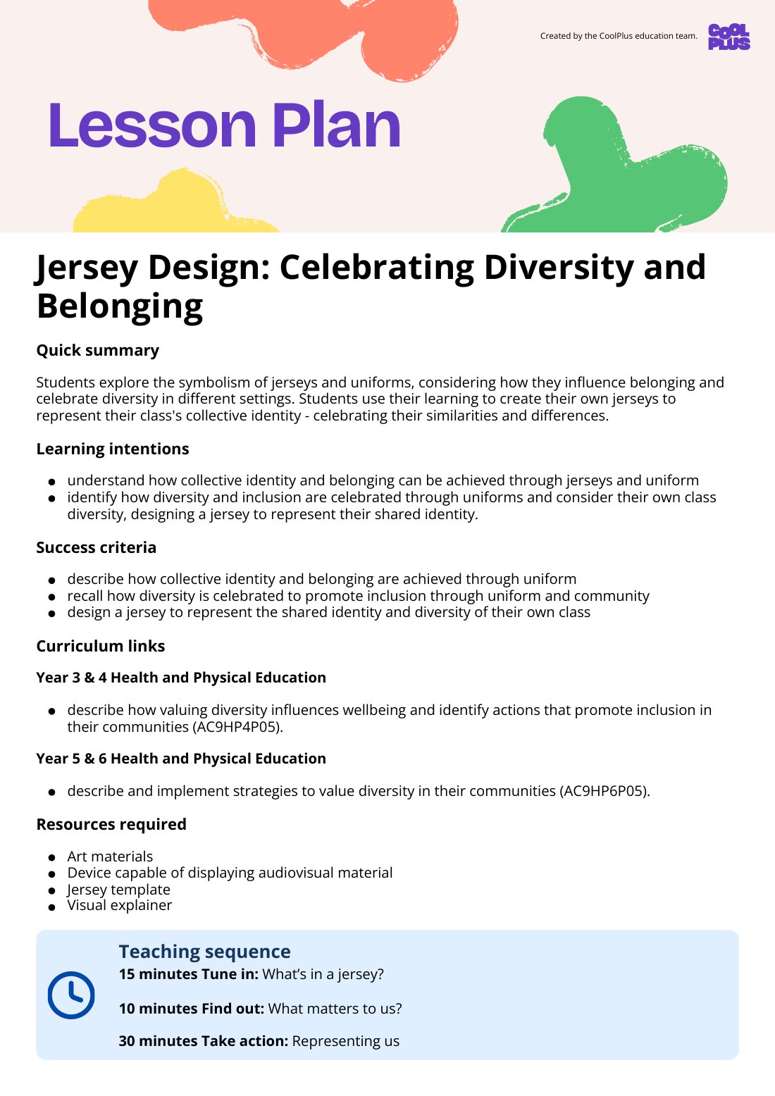First page of Jersey Design: Celebrating Diversity and Belonging Lesson Plan