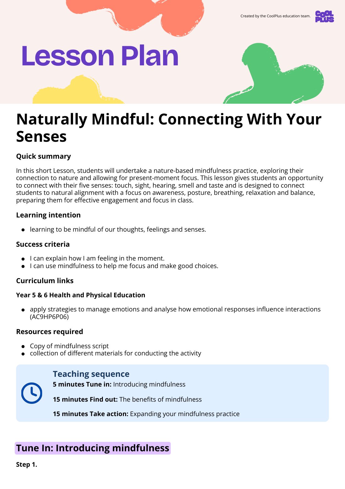 First page of Naturally Mindful: Connecting With Your Senses Lesson Plan