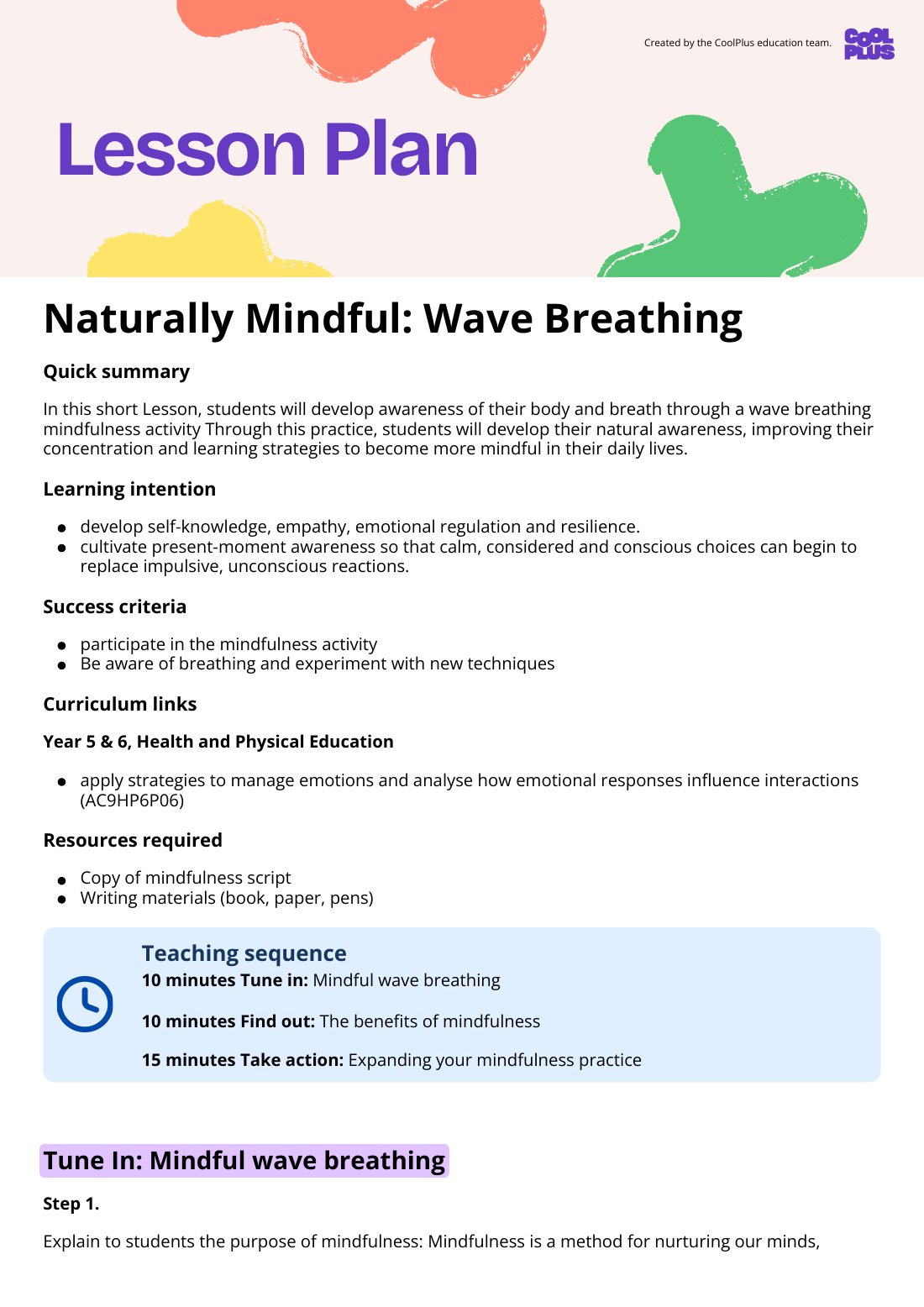 First page of Naturally Mindful: Wave Breathing Lesson Plan
