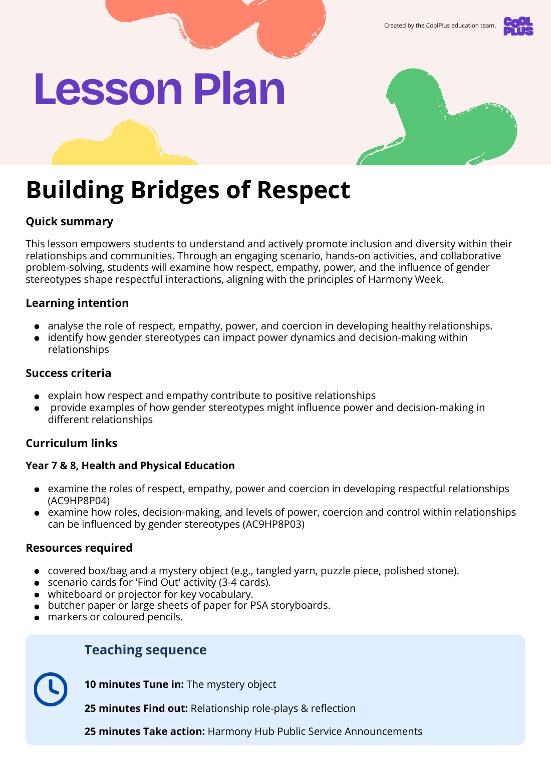 First page of Building Bridges of Respect Lesson Plan