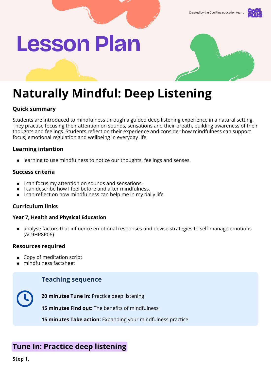 First page of Naturally Mindful Deep Listening Lesson Plan