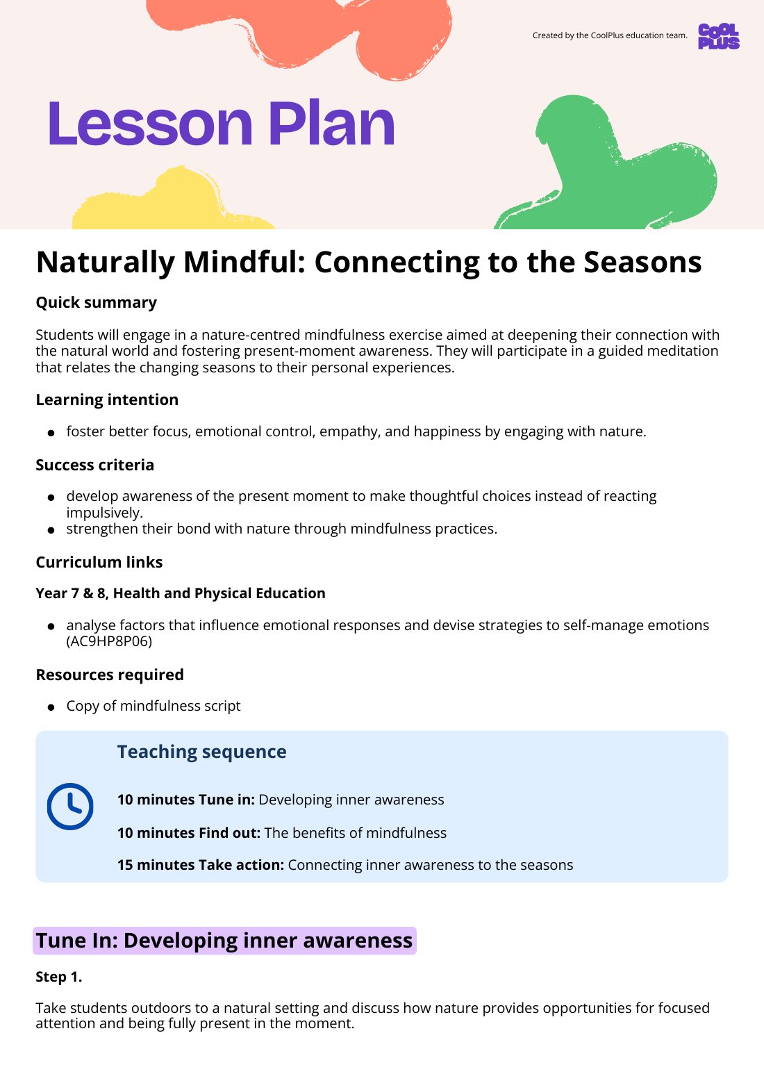 First page of Naturally Mindful: Connecting to the Seasons Lesson Plan