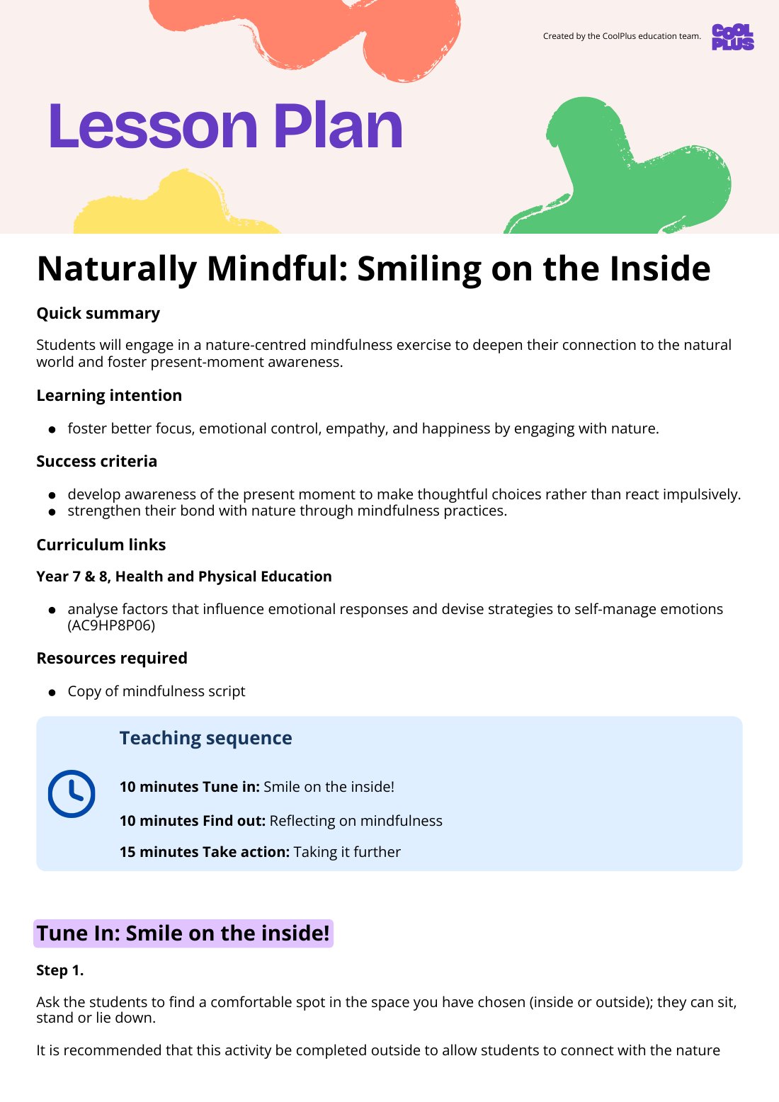 First page of Naturally Mindful Smiling on the Inside Lesson Plan
