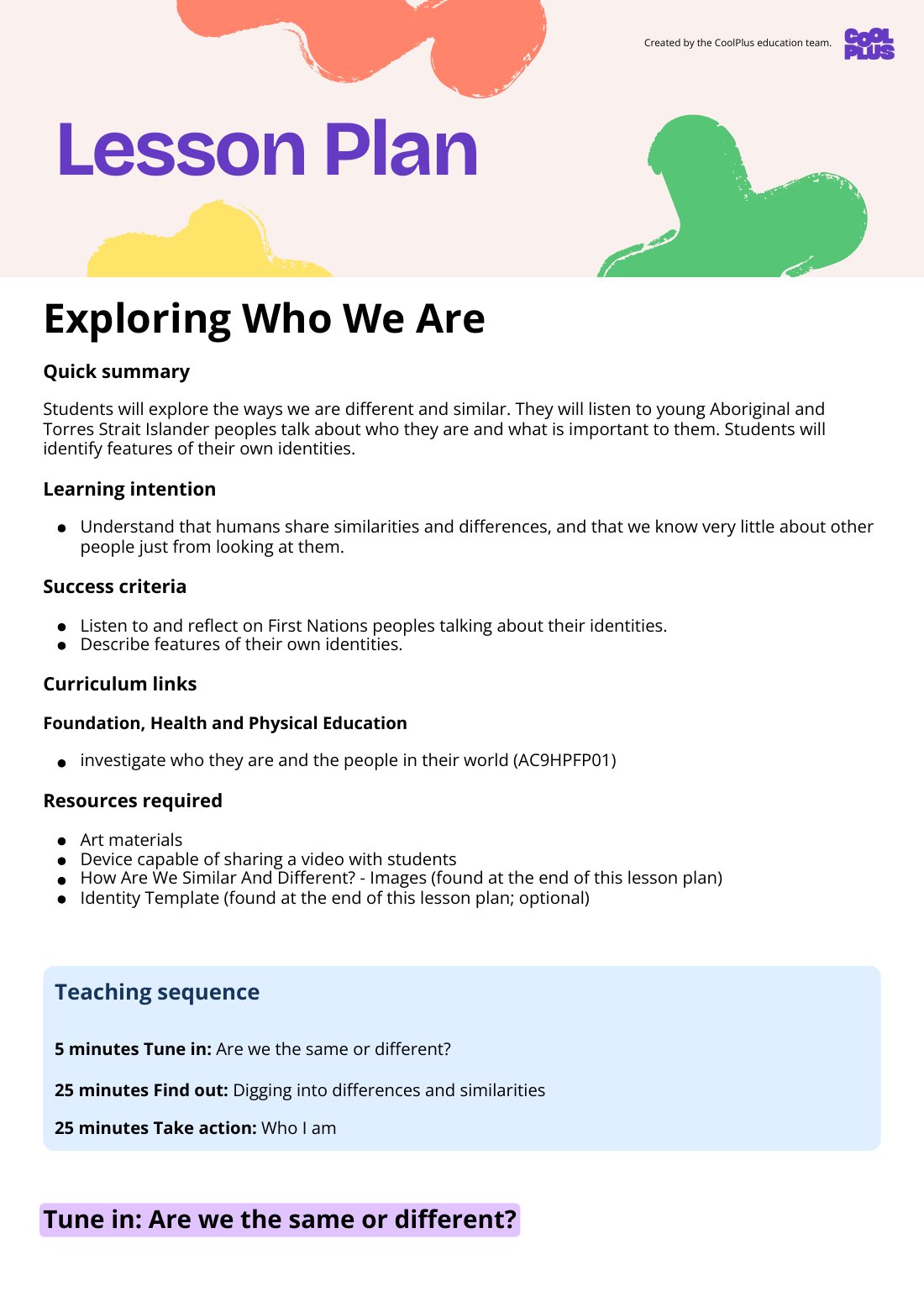First page of Exploring Who We Are Lesson Plan