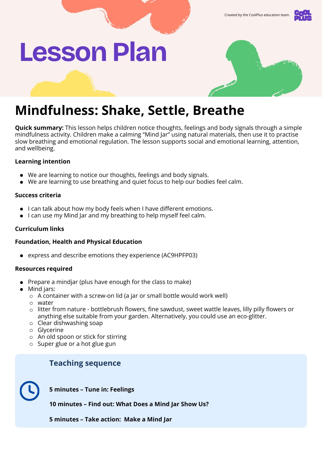 First page of Mindfulness: Shake, Settle, Breathe Lesson Plan