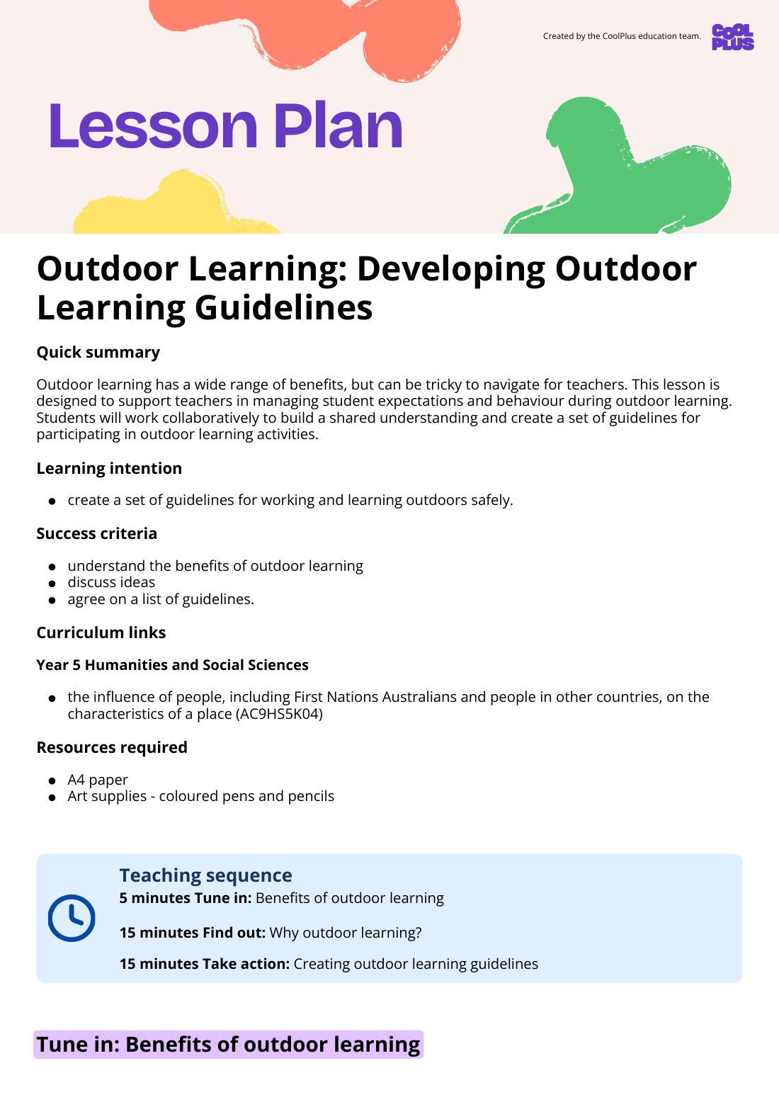 First page of Developing Outdoor Learning Guidelines Lesson Plan