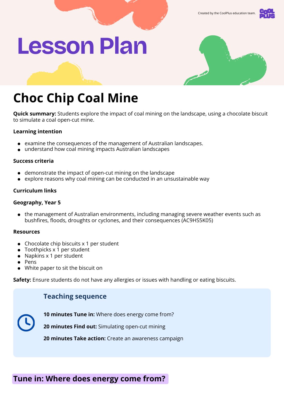 First page of Choc Chip Coal Mine Lesson Plan