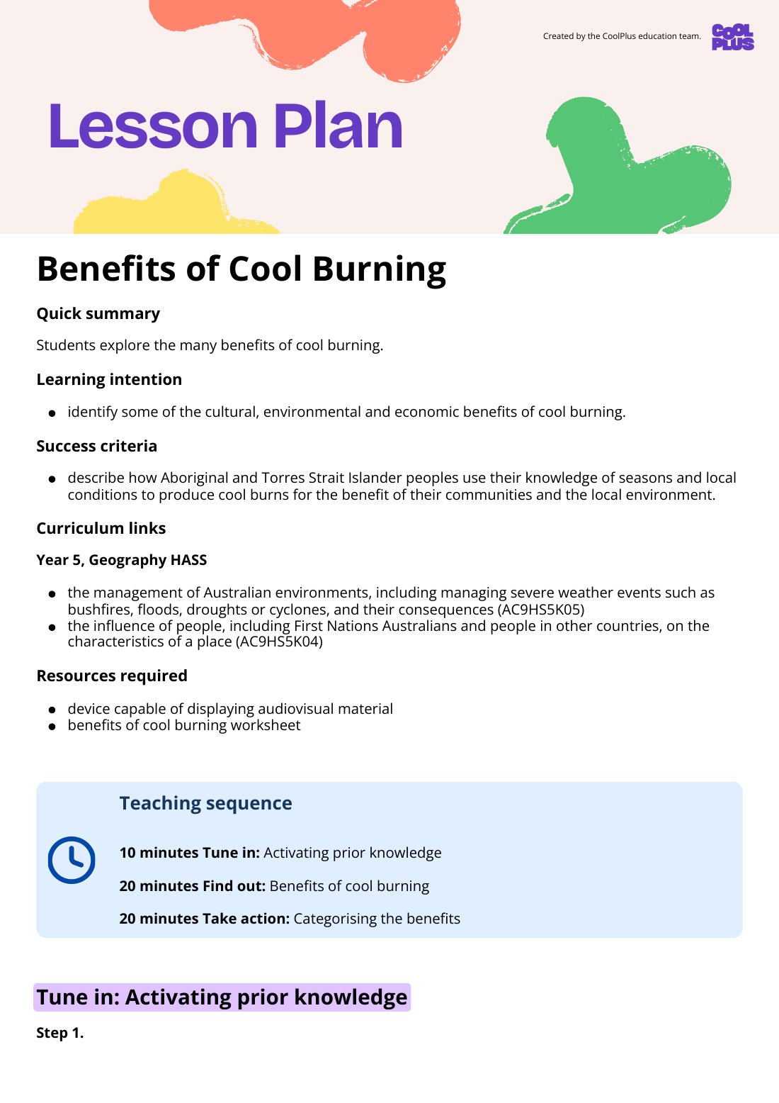 First page of Benefits of Cool Burning Lesson Plan