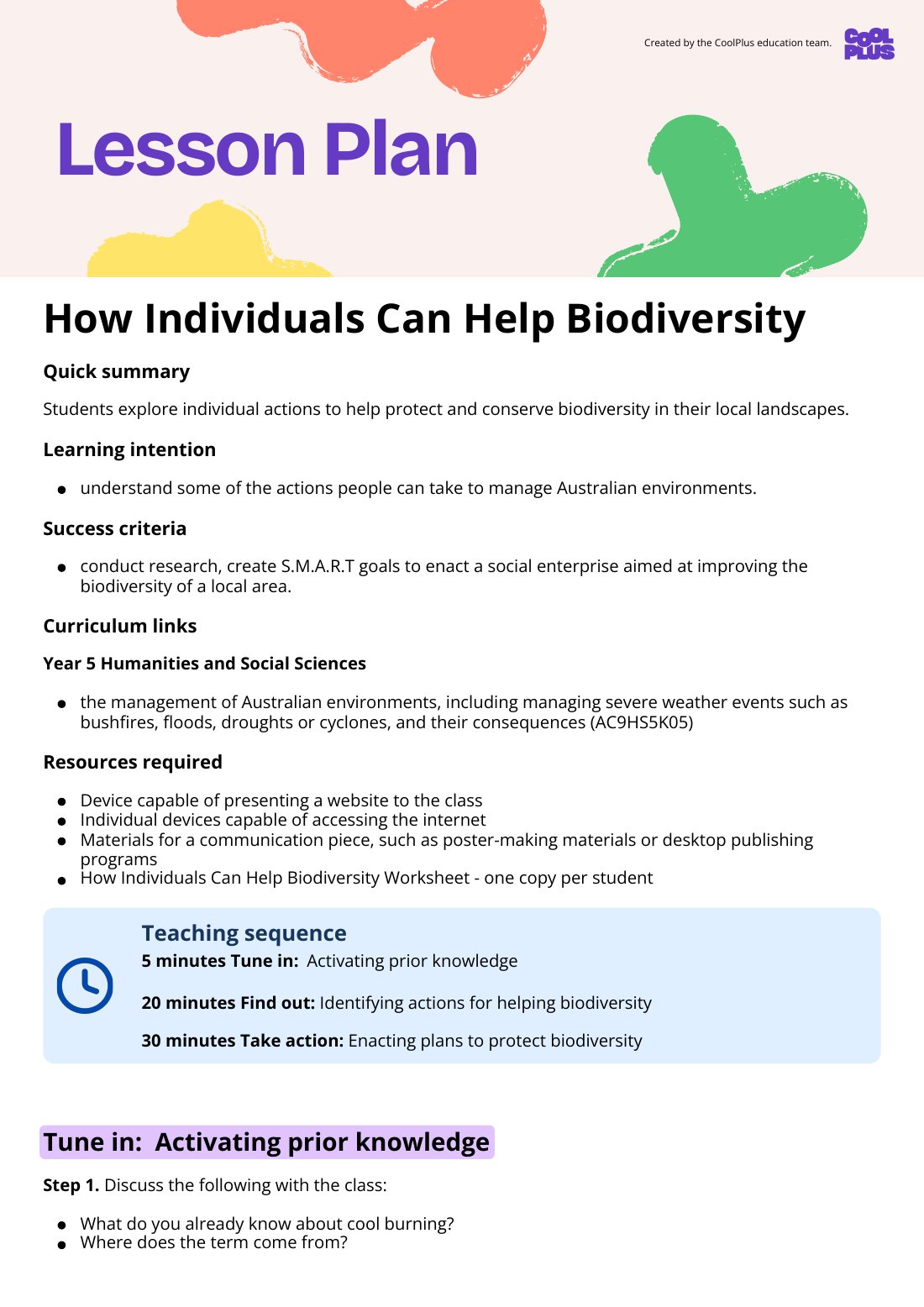 First page of How Individuals Can Help Biodiversity Lesson Plan
