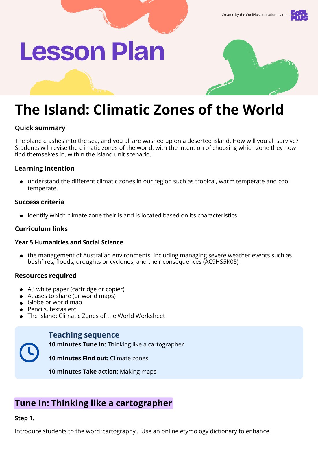 First page of The Island: Climatic Zones of the World Lesson Plan