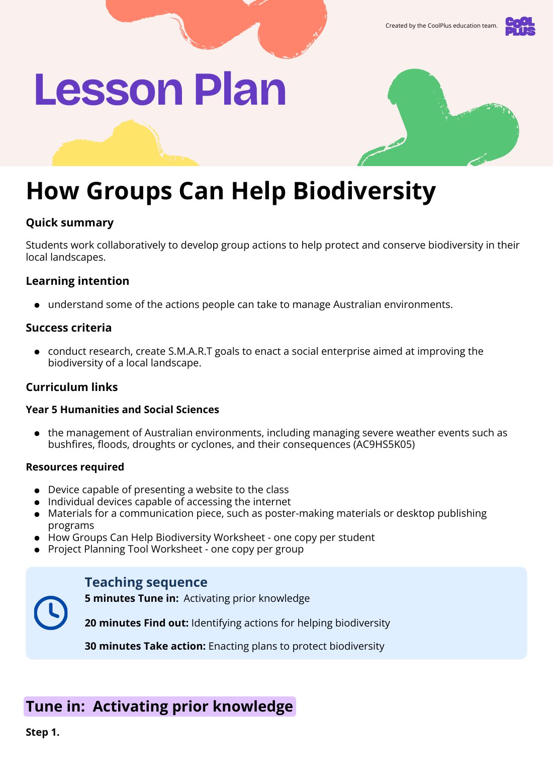 First page of How Groups Can Help Biodiveristy Lesson plan
