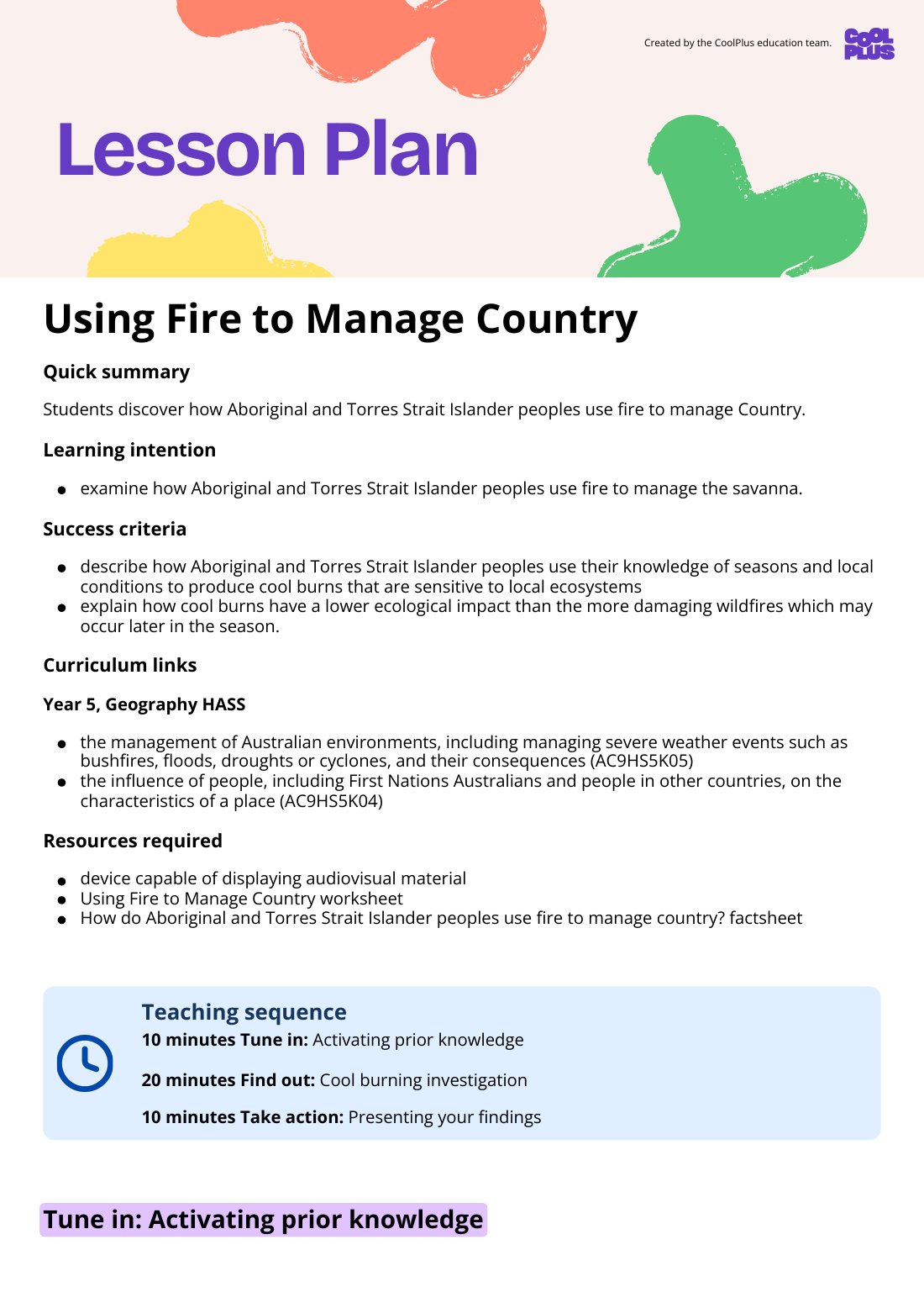 First page of Using Fire to Manage Country Lesson Plan