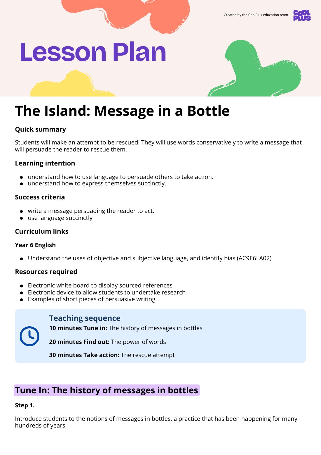 First page of The Island: Message in a Bottle Lesson Plan