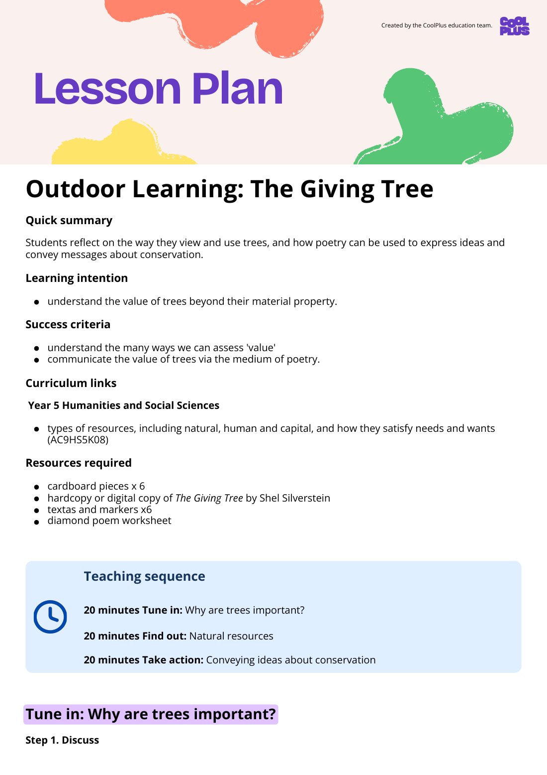 First page of Outdoor Learning: The Giving Tree Lesson Plan