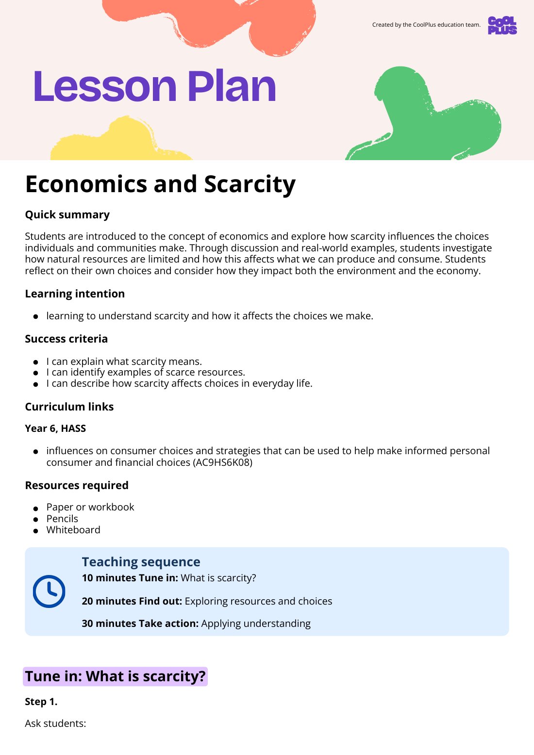 First page of Economics and Scarcity Lesson Plan