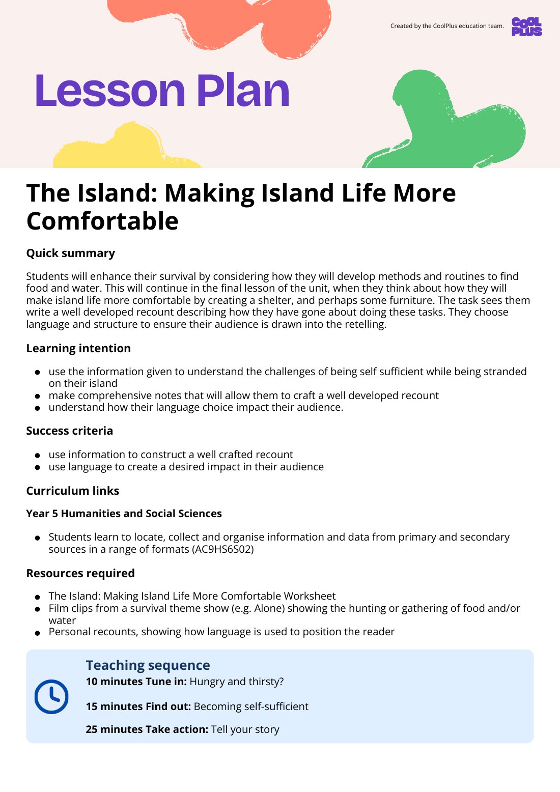 First page of The Island: Making Island Life More Comfortable lesson plan
