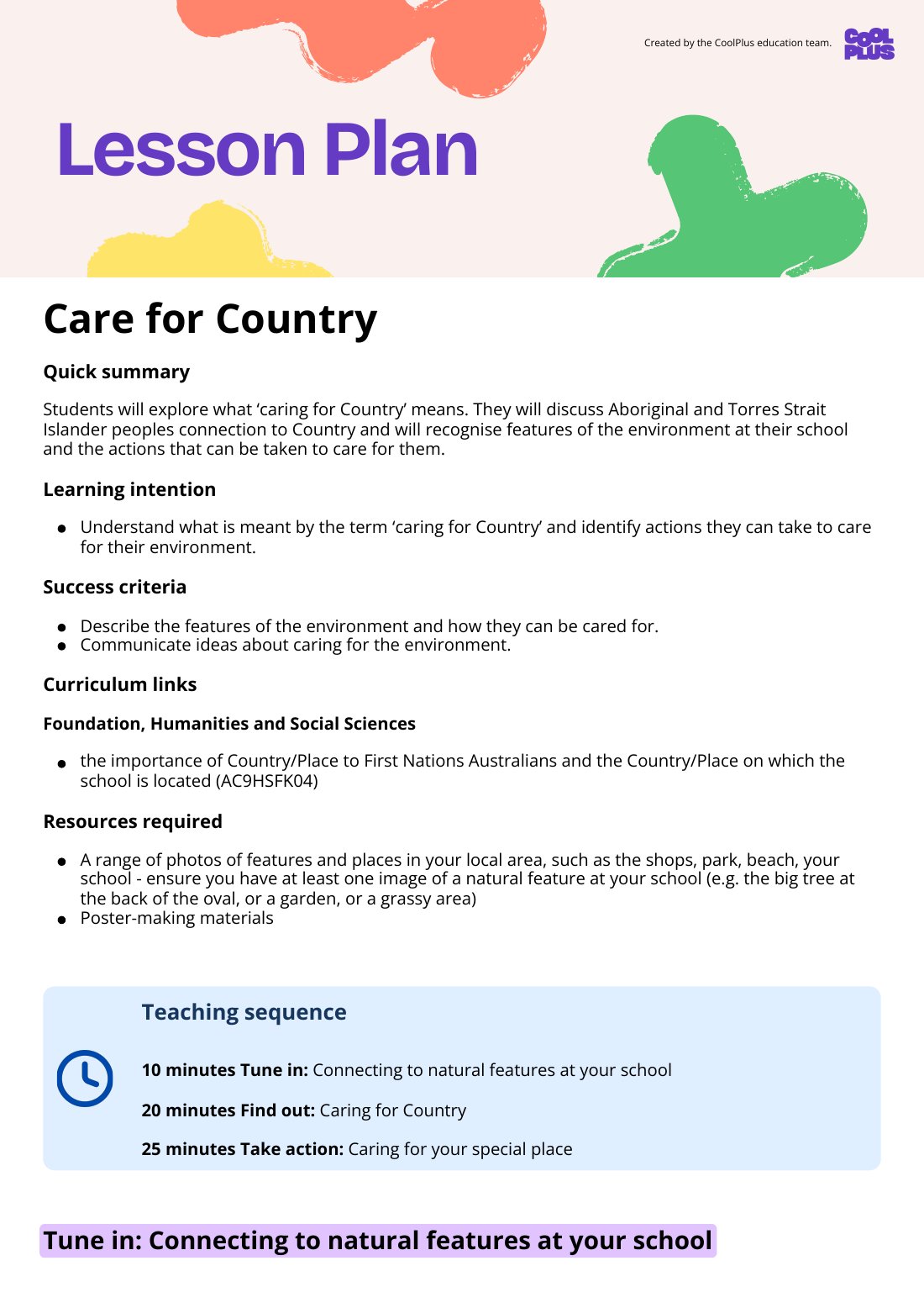 First page of Care for Country Lesson Plan