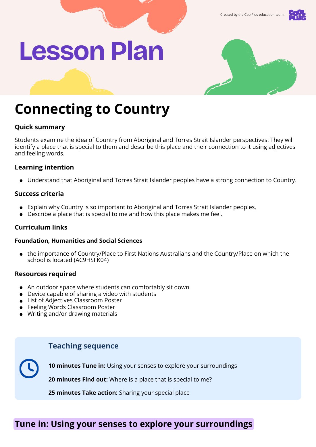 First page of Connecting to Country Lesson Plan
