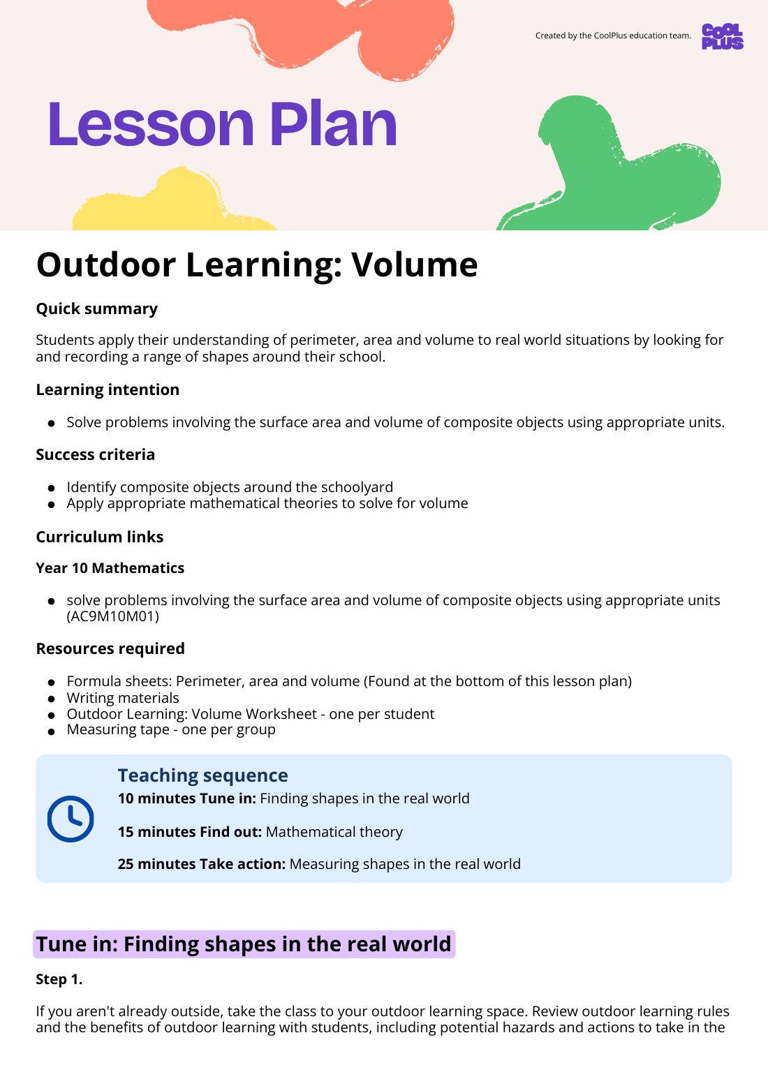First page of Outdoor Learning: Volume Lesson Plan