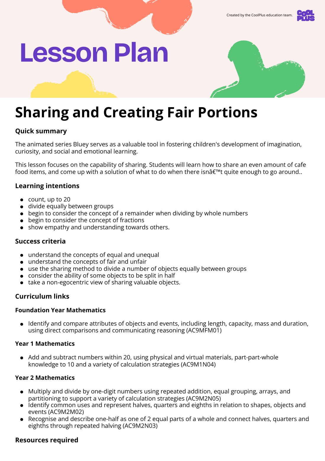 First page of Sharing and Creating Fair Portions Lesson Plan