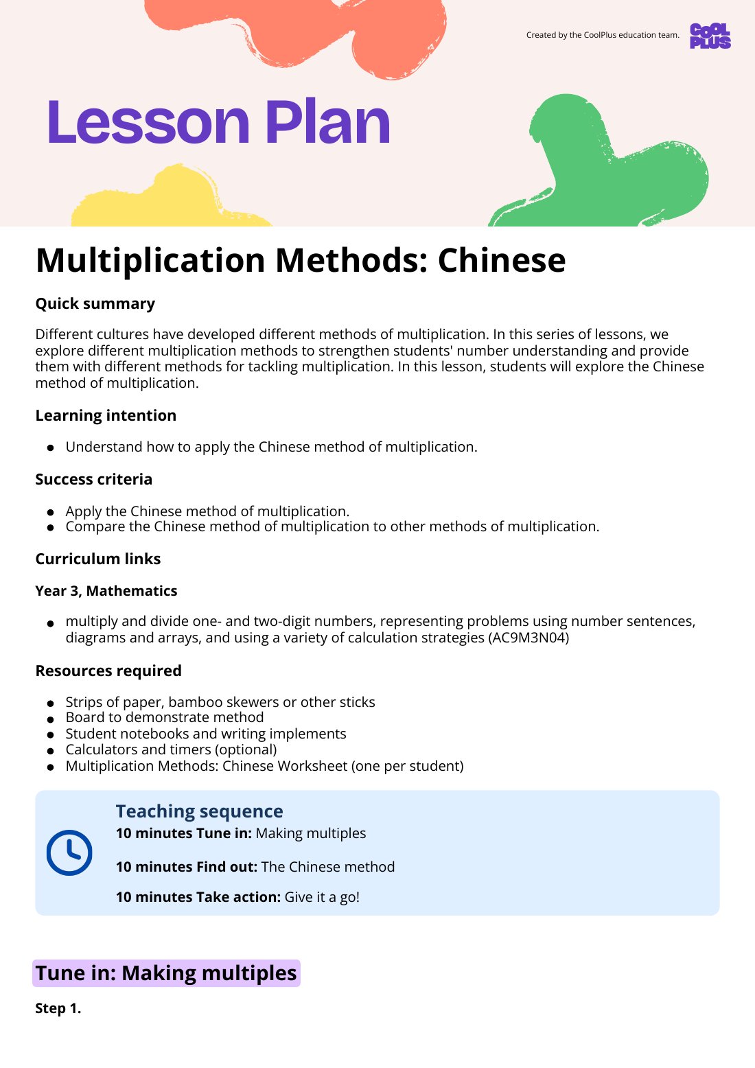 First page of Multiplication Methods: Chinese Lesson Plan
