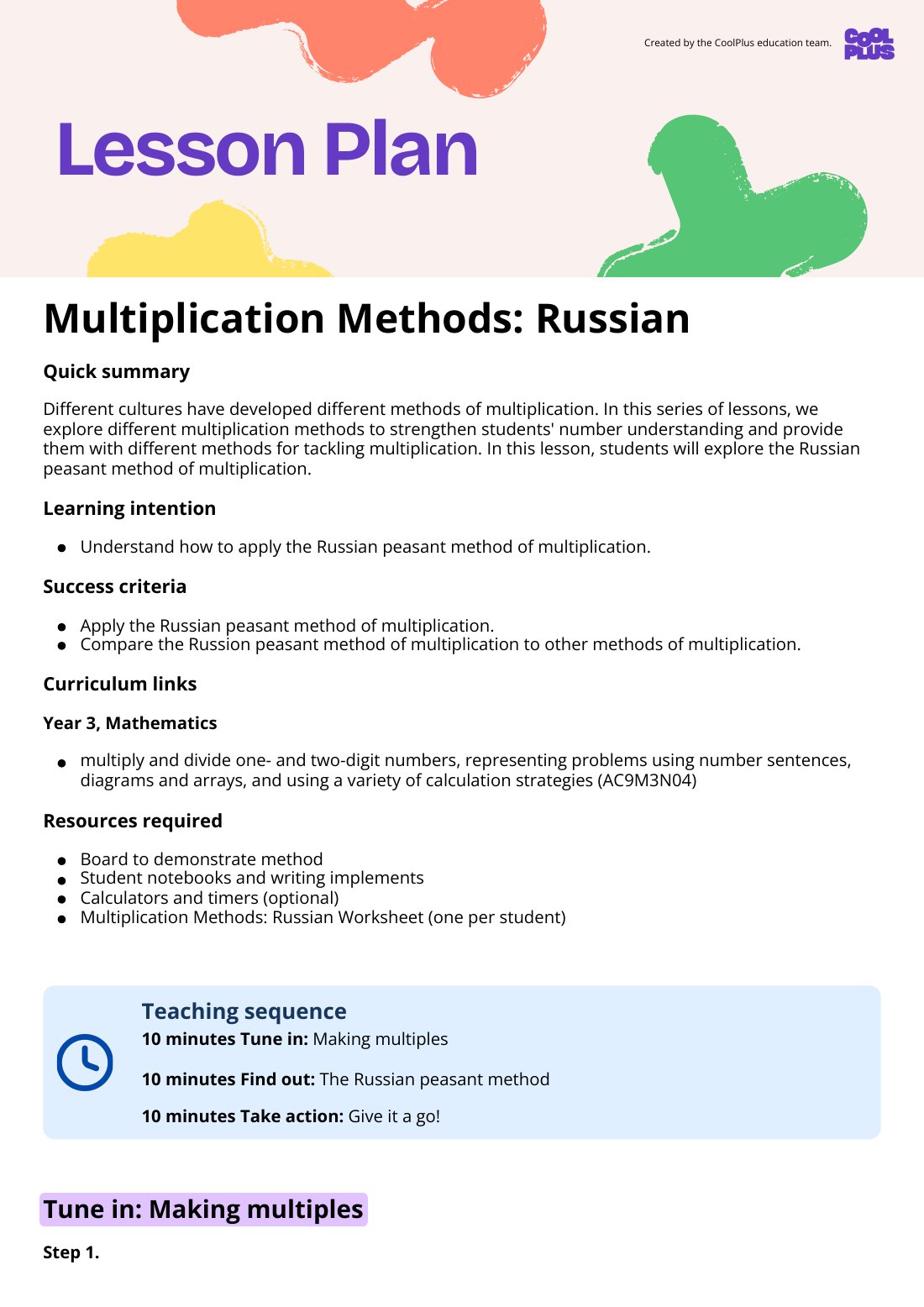 First page of Multiplication Methods: Russian Lesson Plan