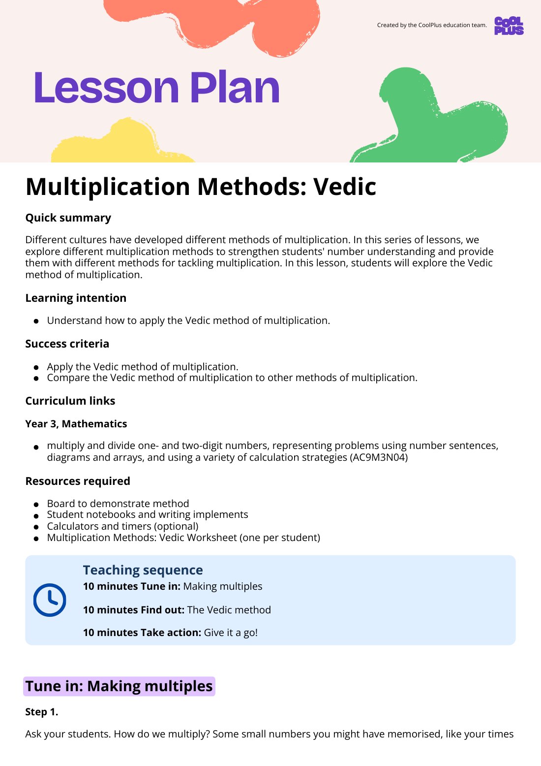 First page of Multiplication Methods: Vedic Lesson Plan