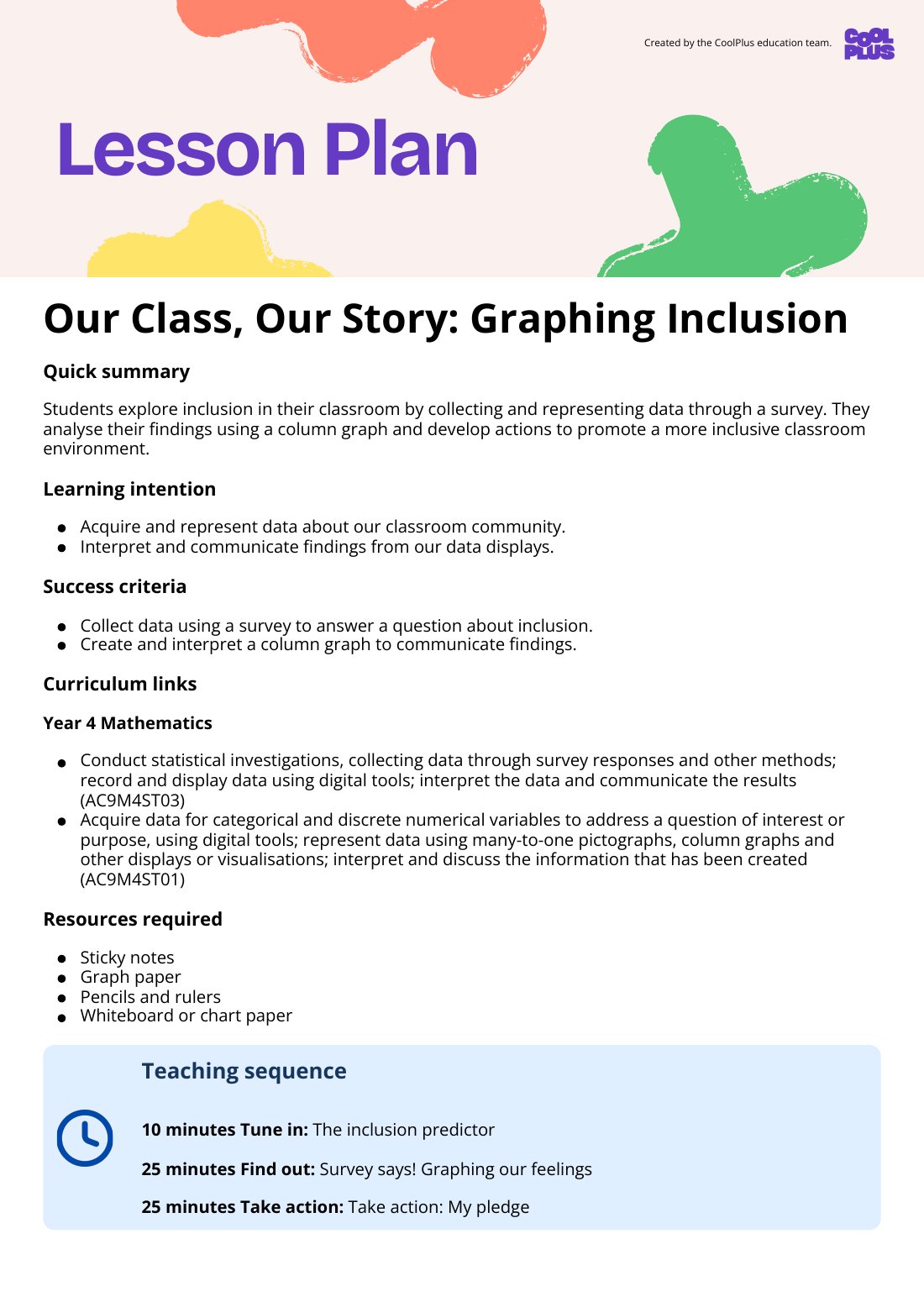 First page of Our Class, Our Story: Graphing Inclusion Lesson
