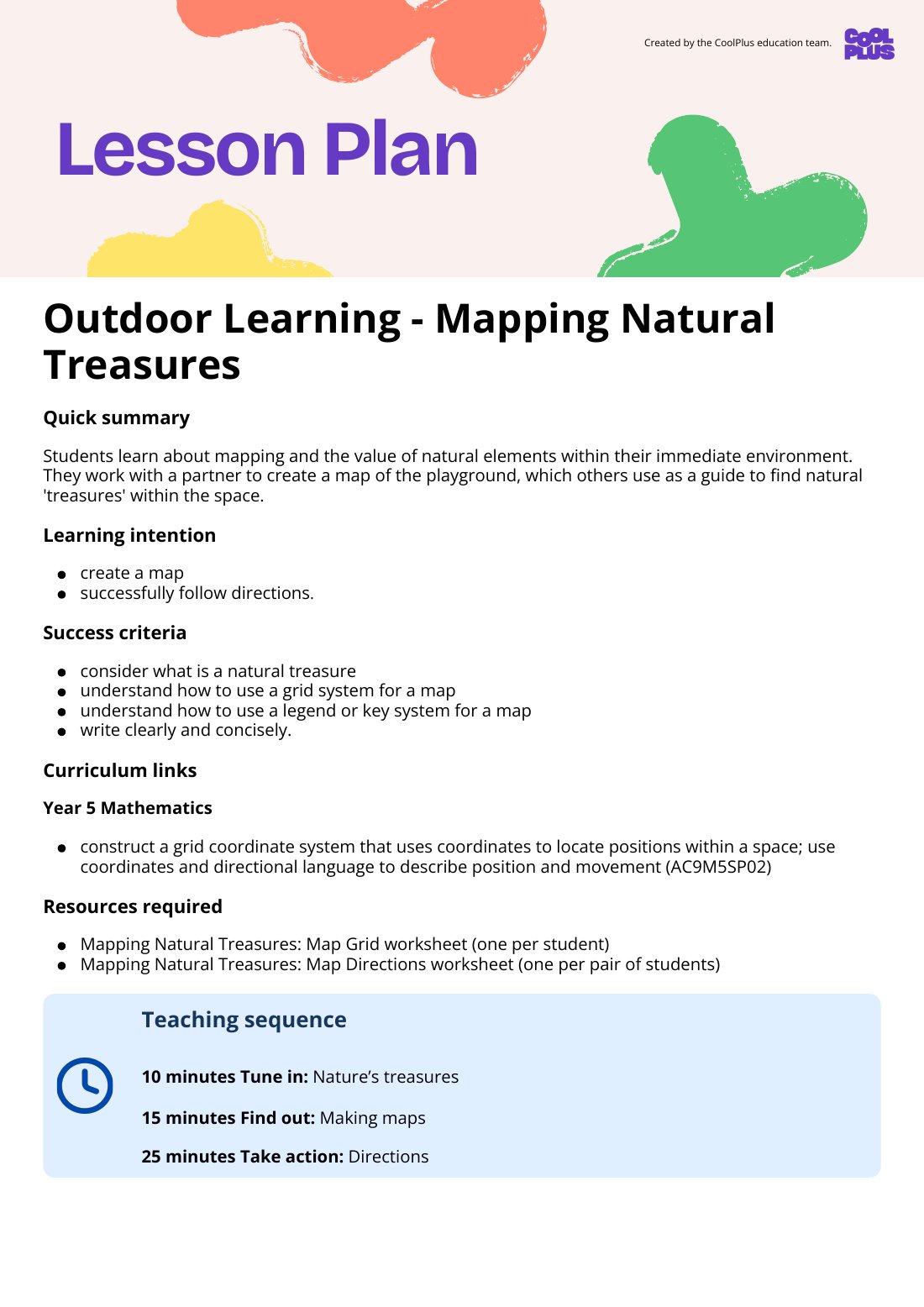 First page of Outdoor Learning: Mapping Natural Treasures Lesson Plan