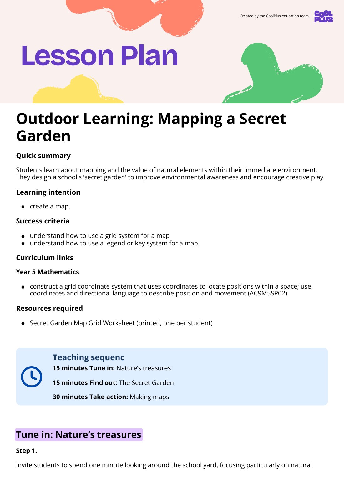 First page of Outdoor Learning: Mapping a Secret Garden Lesson Plan