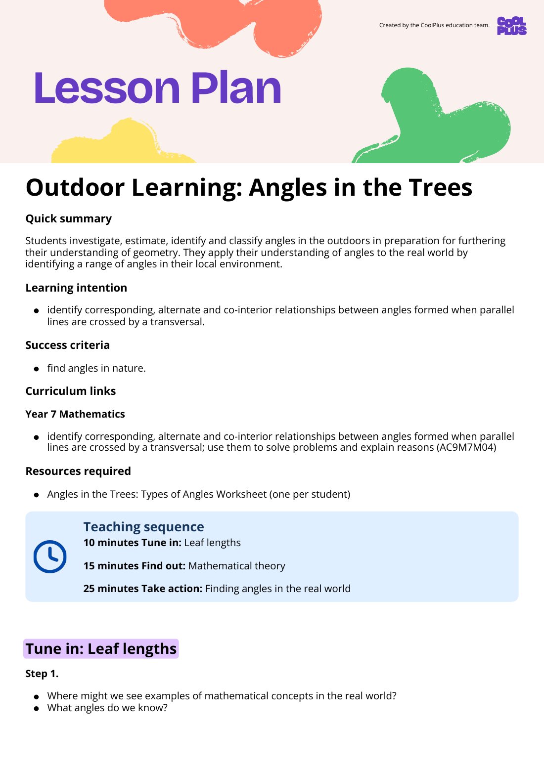 First page of Outdoor Learning: Angles in the Trees Lesson Plan