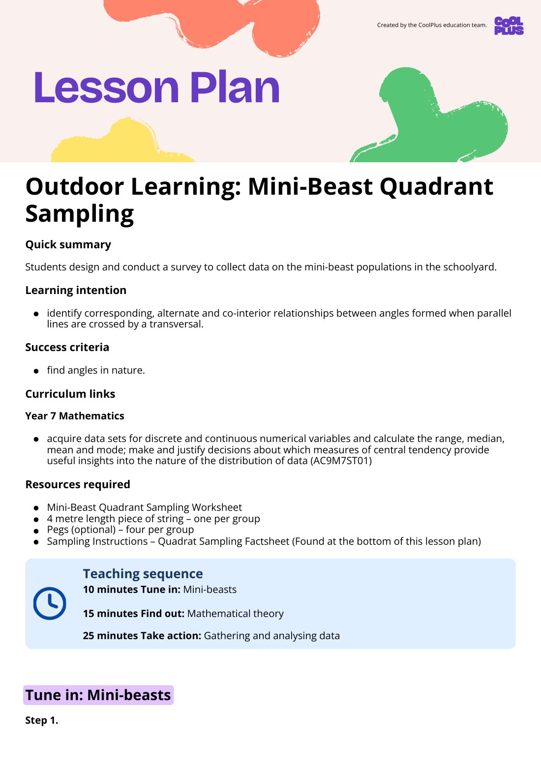 First page of Outdoor Learning: Mini-Beast Quadrant Sampling Lesson Plan