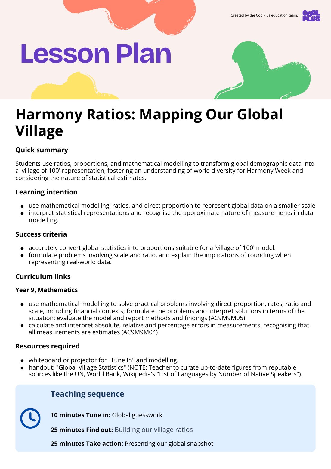 First page of Harmony Ratios: Mapping Our Global Village Lesson Plan