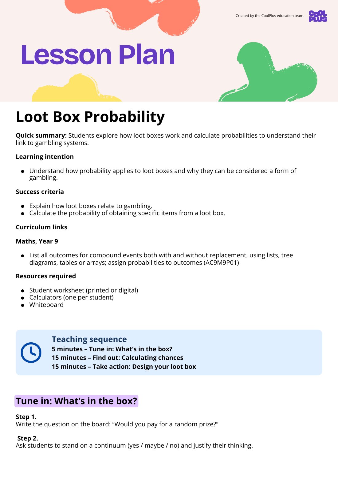 First page of Loot Box Probability Lesson Plan