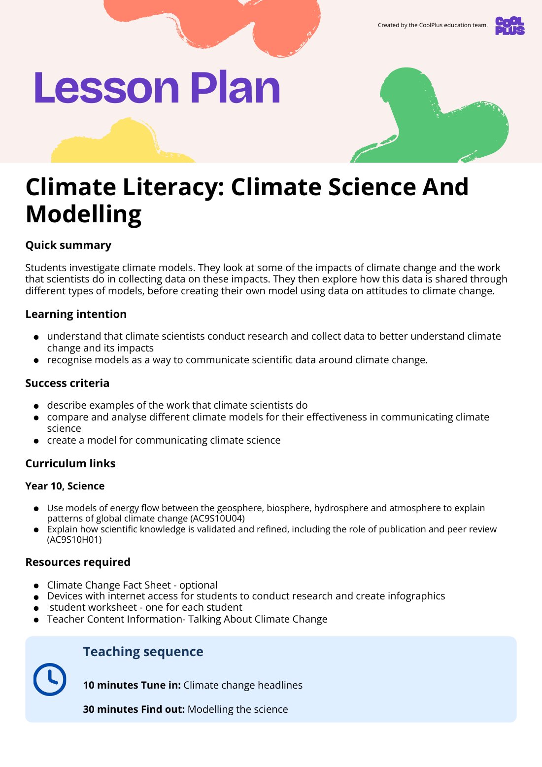 First page of Climate Literacy: Climate Science And Modelling Lesson Plan