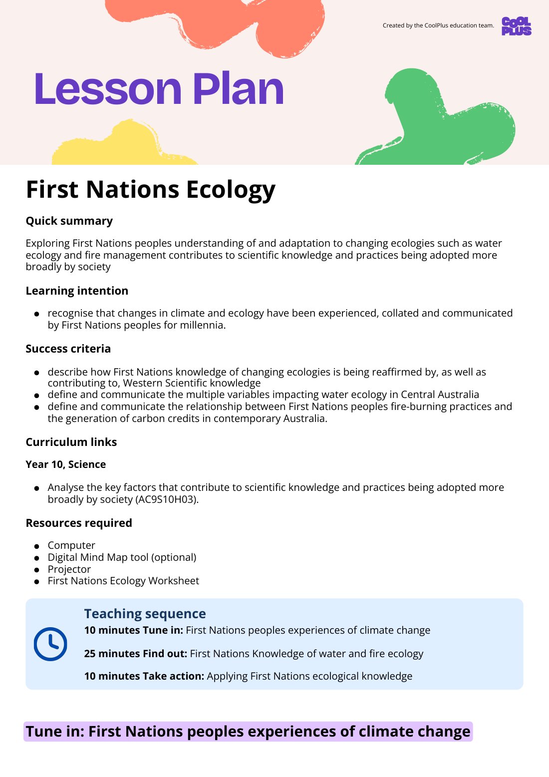 First page of First Nations Ecology Lesson Plan