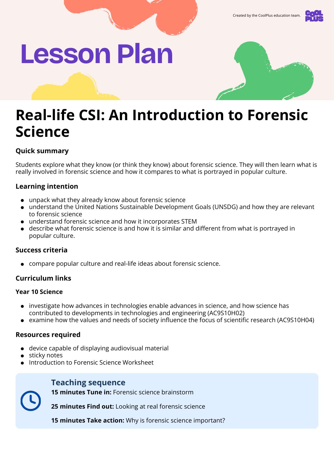 First page of Real-life CSI: An Introduction to Forensic Science Lesson Plan