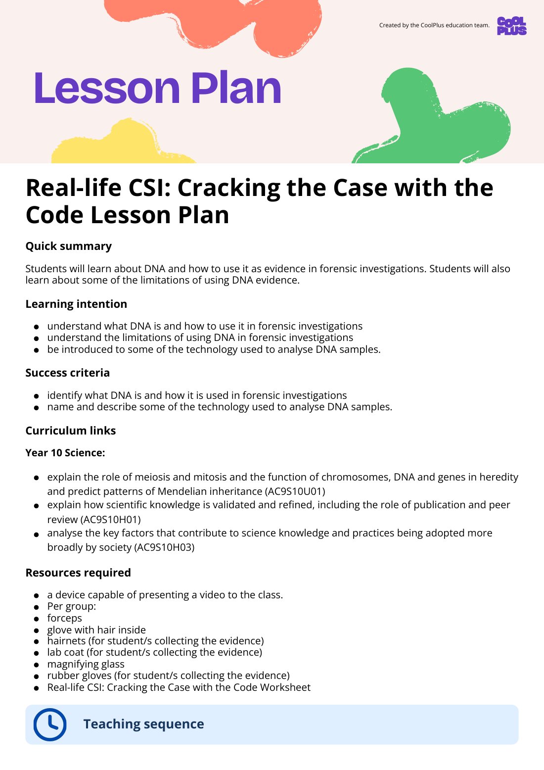 First page of Real-life CSI: Cracking the Case with the Code Lesson Plan
