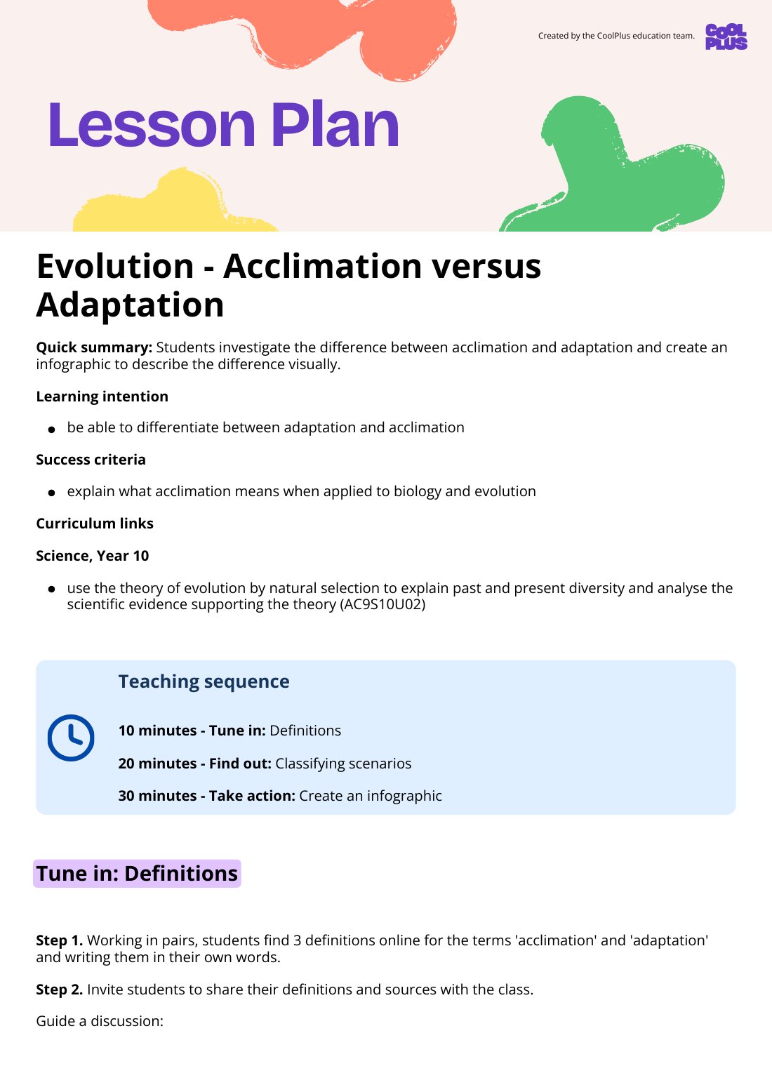 First page of Evolution - Acclimation versus Adaptation Lesson Plan