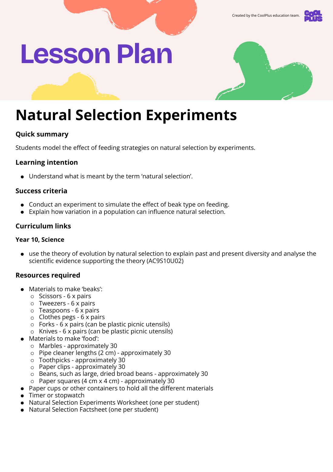 First page of Natural Selection Experiments Lesson Plan