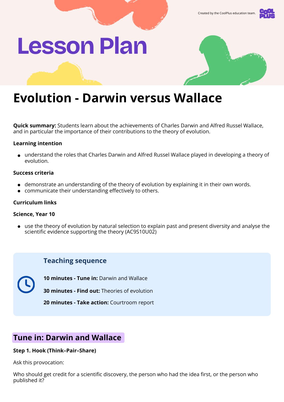 First page of Evolution - Darwin versus Wallace Lesson Plan