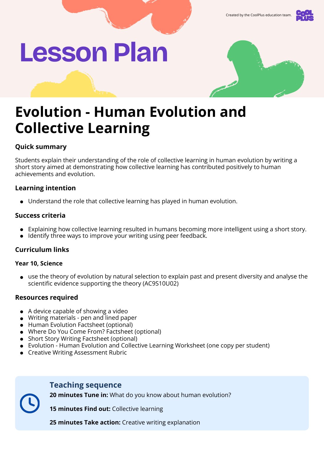 First page of Evolution - Human Evolution and Collective Learning Lesson Plan