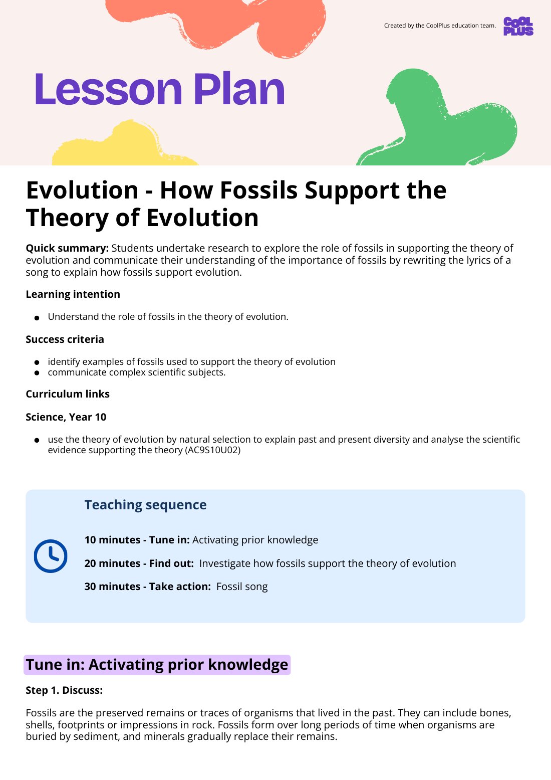 First page of How Fossils Support the Theory of Evolution Lesson Plan