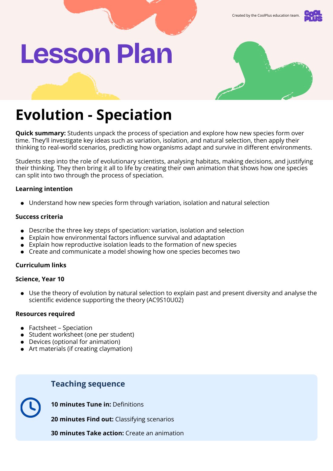 First page of Evolution Speciation Lesson Plan