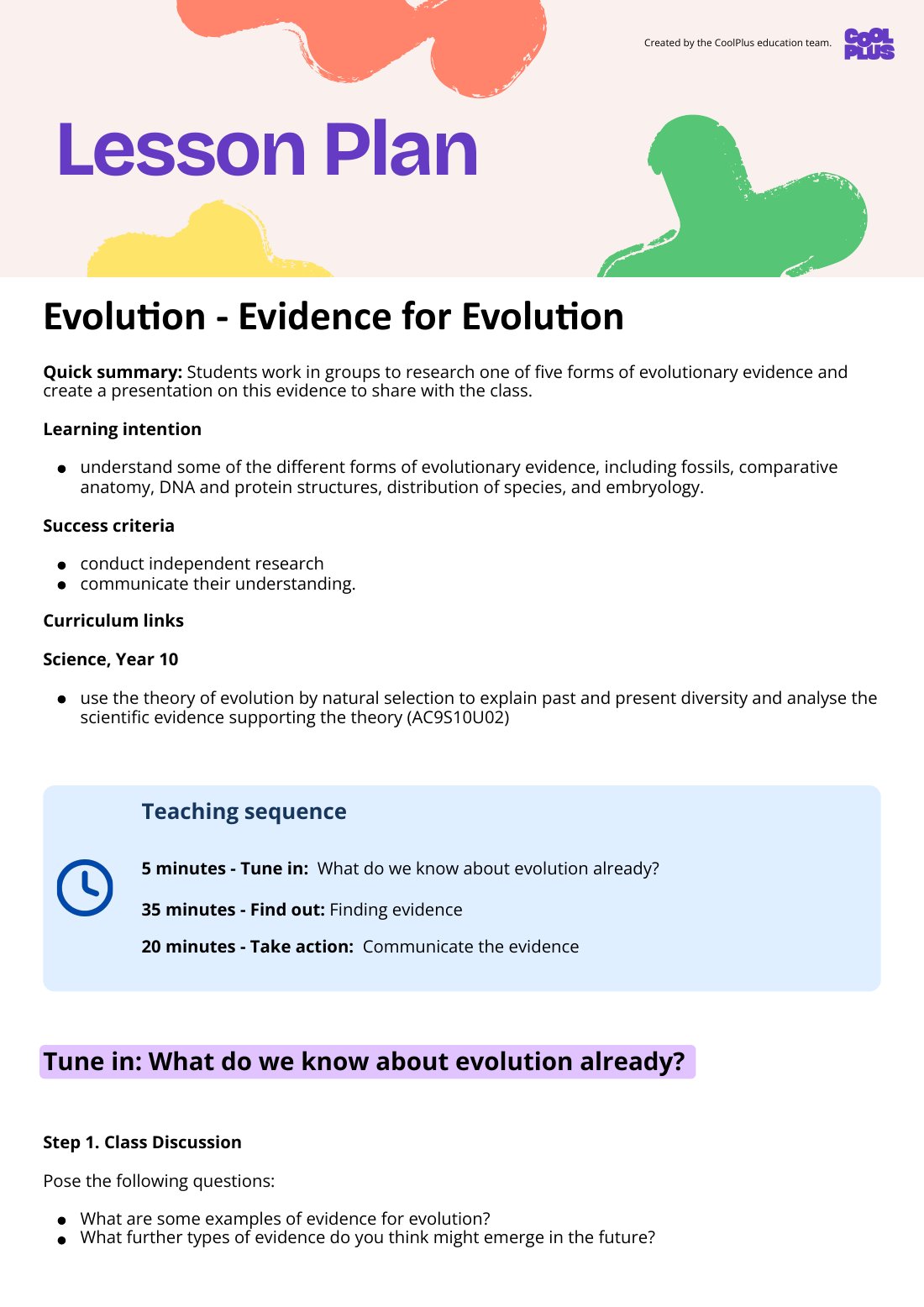First page of Evolution - Evidence for Evolution Lesson Plan